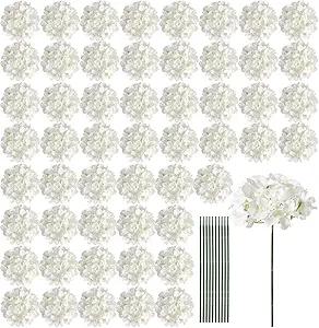 64 PCS Hydrangea Artificial Flowers - Faux Hydrangeas Full Realistic Silk Flowers Heads with Stems for Wedding Centerpiece Home Garden Baby Shower Party Decoration (White)