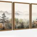 Framed Mountain Landscape Wall Art Set of 3 - Canvas Prints with Real Wood Frame Foggy Pine Tree Misty Forest Painting Nature Picture Wall Decor for Living Room Bedroom Office 16x24 Inches