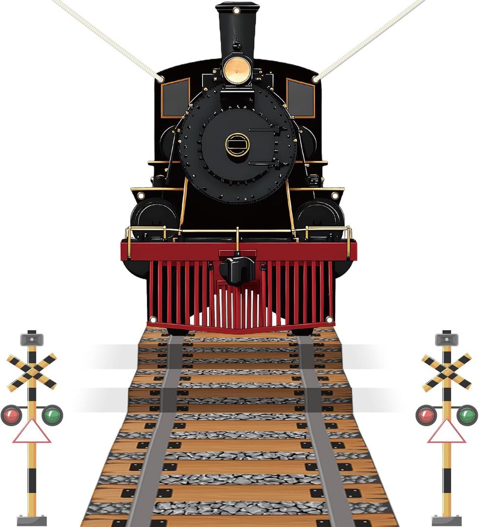 Train Party Decoration Train Hanging Banner Railroad Track Aisle Polyester Fabric for Christmas Party Train Theme Birthday Party Xmas School Classroom Door Home Wall Indoor Outdoor Decor Supplies