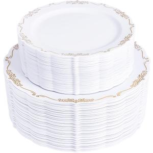 U-QE 100PCS Gold Plates Disposable - Heavy Duty White and Gold Plates Including 50PCS 10'' Dinner & 50PCS 7.5'' Dessert Plates Perfect for Upscale Party, Wedding