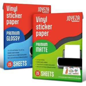 JOYEZA Premium Printable Vinyl Sticker Paper for Inkjet Printer - 25 Matte + 25 Glossy Sheets White Waterproof, Dries Quickly Vivid Colors, Holds Ink well- Tear Resistant - Inkjet & Laser Printer