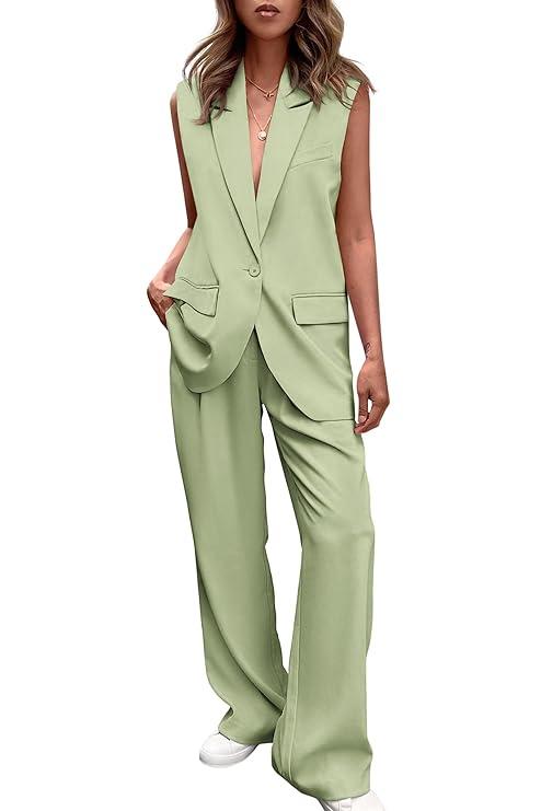 PRETTYGARDEN Women's 2 Piece Outfits Sleeveless Suit Vest and Wide Leg Pants Business Casual Blazer Sets
 Large