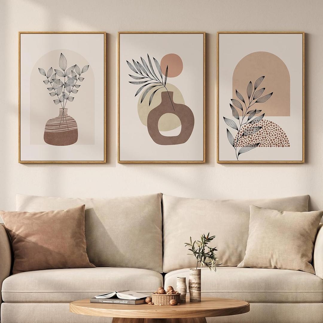 Framed Neutral Boho Wall Art Bedroom, 3 Piece Abstract Bohemian Brown Botanical Vase Canvas Artwork for Walls, Large Earth Tone Boho Pictures for Living Room Home Office Hallway Wall Decor, 16x24 Inch