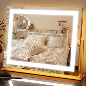 FENNIO Vanity Mirror with Lights 22''x18'' Makeup Mirror with Lights,Lighted Makeup Mirror with 10X Magnification Smart Touch Screen with 3-Color Lighting,DimmableSquare Gold