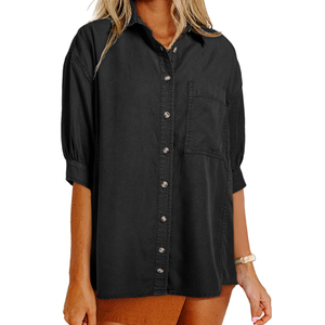 Astylish Women 2025 Denim Shirt Summer Oversized Short Sleeve V Neck Button Down Chambray Blouse Top with Pocket. Size Large