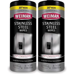 Weiman Stainless Steel Cleaner, 30 Count Cleaning Wipes, Removes Dirt, Grime, and Grease, No Streaks or Residue, Stainless Steel Polish for a Sparkling Clean and Shiny Surface, Cleaning Supplies 2 Pack