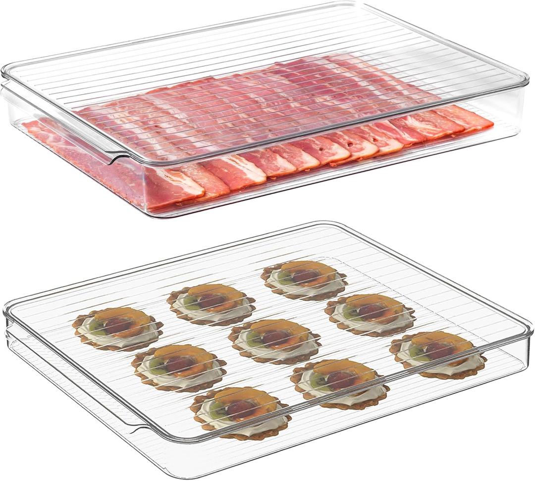 vacane Stackable Freezer Organizer, Flat Produce Saver Sliced Cheese Container with Lids, Freezer Storage Containers Food Storage Tray for Fruits, Vegetables, Meat
