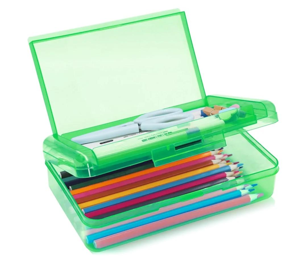 1 Pack Double Layer Hard Pencil Cases, Plastic Translucent Pencil Box with Snap-Tight Lid for Pens, Pencils, School, Stylish Office Supplies Storage Organizer Box,Medium-sized(Green)