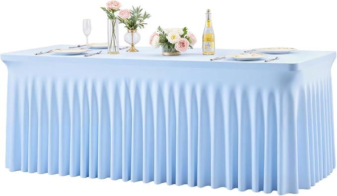 6 Pack Baby Blue Spandex Tablecloths for Rectangle Tables 6 Foot Blue Stretch Table Cloth Rectangle 6ft Elastic Fitted Table Cover with Skirt for Wedding Baby Shower Boy Birthday Party Banquet Buffet