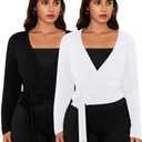 SweatyRocks Women's Y2k Pilates Wrap Tops Ballet Yoga Coquette Shirt Cute Long Sleeve Workout Activewear Large Plus, Black & White