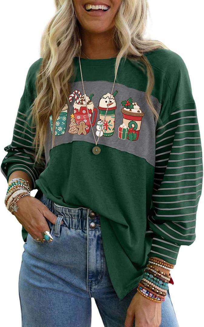 Dokotoo Christmas Decorations Tops for Women Trendy Striped Women's T-Shirts 2024 Crewneck Long Sleeve Womens Tops Dressy Casual Women's Blouses (XL)