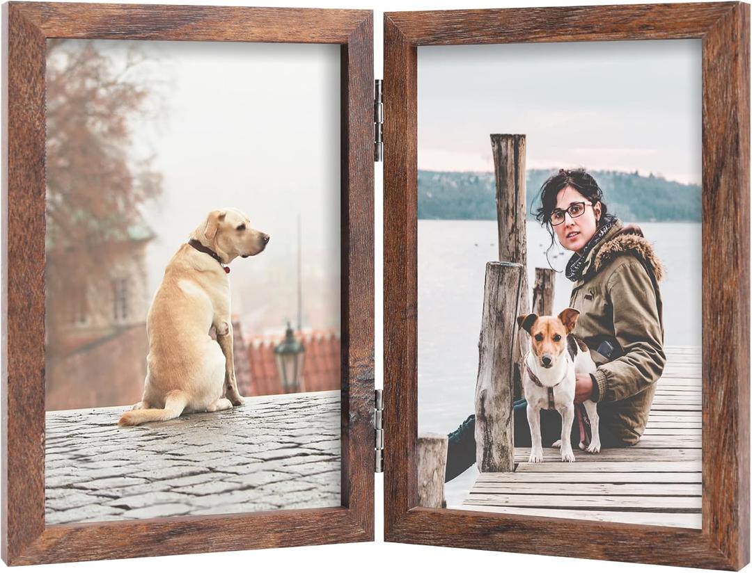 FOREV 4x6 Double Picture Frame Wooden Hinged Photo Frame Definition Glass Stand Vertically on Desktop or Tabletop Rustic Wood