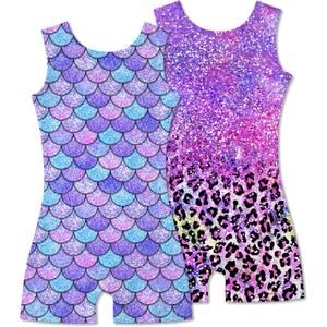 2 Packs Gymnastics Leotards for Girls Mermaid Leopard Dance Leotard Kids Biketard with Shorts (6-7 Years)