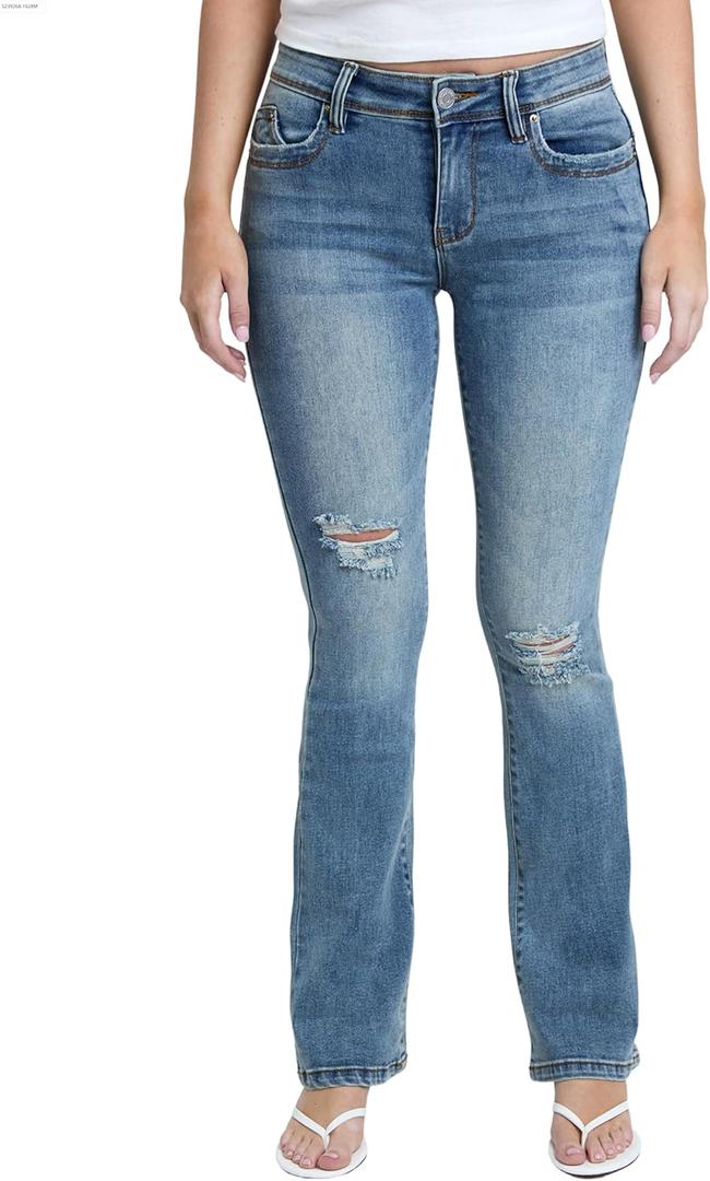 YMI Jeans Women's Wannabettabutt Mid Rise Bootcut Jeans (7, Tinted Light Rips)