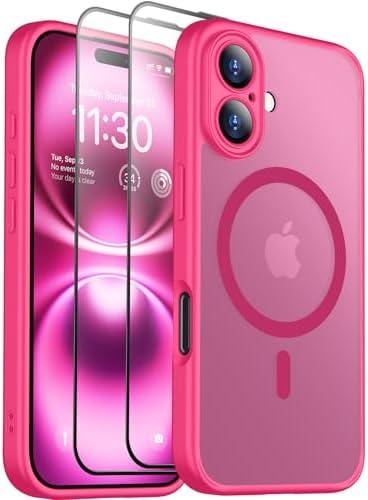 SPIDERCASE Designed for iPhone 16 Case, Magnetic Translucent [2+Tempered Glass Screen Protector] [Full Camera Protection] Anti-Fingerprint Anti-Scratch for iPhone 16 6.1”, Hot Pink 2 Pack