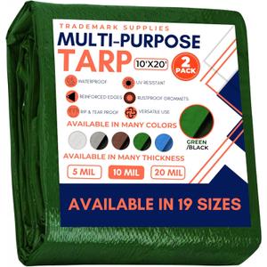 Large Waterproof Tarp - Heavy Duty 10 Mil Thick Poly Tarpaulin Ideal for Canopy Tents, Boats, RV or Pool Covers - Multipurpose Protective Tarps with Grommets for Indoor, Outdoor Use | 10' x 20' 2 Pack (Green-medium Weight Protection)