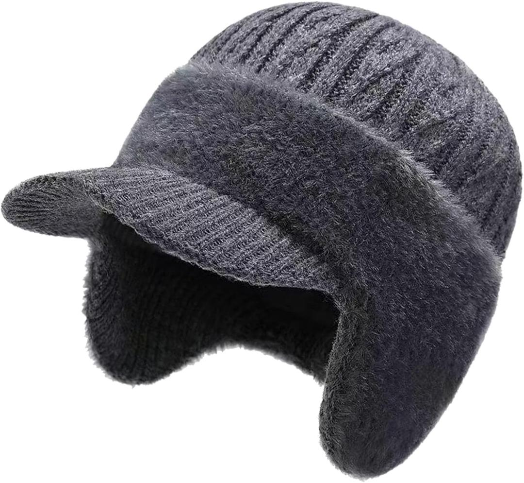 JHDESSLY Winter Beanie with Brim Ear Flaps for Men Women, Warm Fleece Lined Knit Hat Stocking Caps for for The Cold Weather (Gray)
