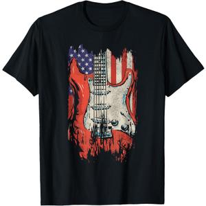 American Flag Guitar 4th of July Guitarist USA Country Music T-Shirt (L, Black)