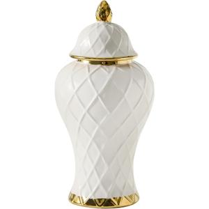 Ginger Jars for Home Decor, White and Gold Vase, Decorative Ceramic Ginger jar with lid, Porcelain Flower Vase for Centerpieces Jarrones, Storage jar, Table Center Vase, Temple Jar(12in)