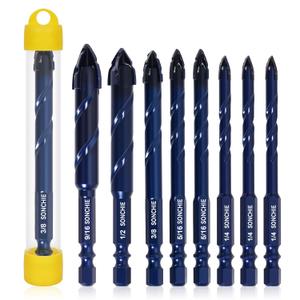 5 x Upgraded SONCHIE Serrated Masonry Drill Bit Set - 1/4 to 9/16 Inch 8-Piece Set Industrial & HouseholdDrill Bit Set for Concrete/Tile/Glass/Brick/Ceramic/Plastic/Wood (Blue Diamond 8-Pack)