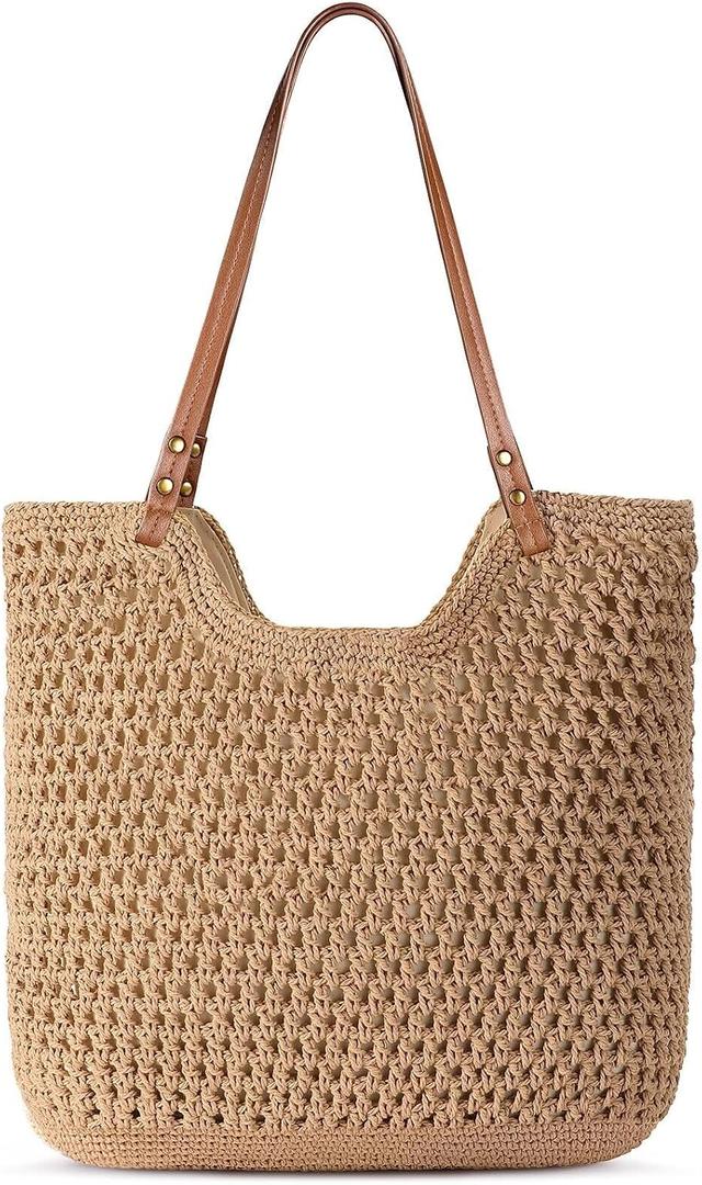 Pleneal Crochet Beach Bag, Summer Woven Tote Bag with Lining, Soft Purse Shoulder Bags for Vacation