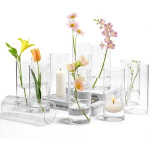 12 Pack Glass Cylinder Vases for Centerpieces 8" Tall Clear Hurricane Flower Vase Bulk for Weddings, Floating Candles, Table Decor, Events, Home Decoration