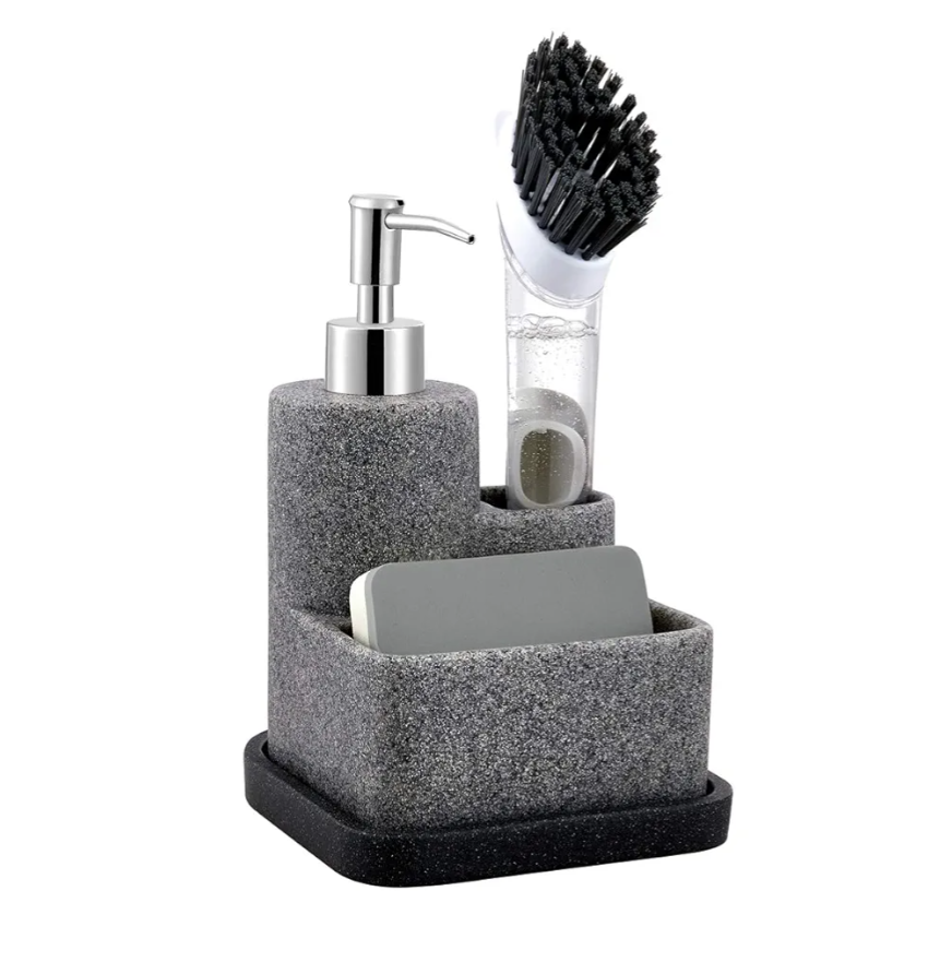 ZCCZ Black Soap Dispenser with Sponge Holder, Kitchen Soap Dispenser Pump, Sponge Caddy and Brush Holder 3 in 1 Set Organizer for Sink Countertop, Removable Tray, Marble Look (Brush NOT Included)