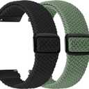 2 Pack Quick Release Braided Bands - 18mm 19mm 20mm 22mm 24mm Solo Loop Adjustable Soft Band for Women Men (Black+Dark Olive Green)