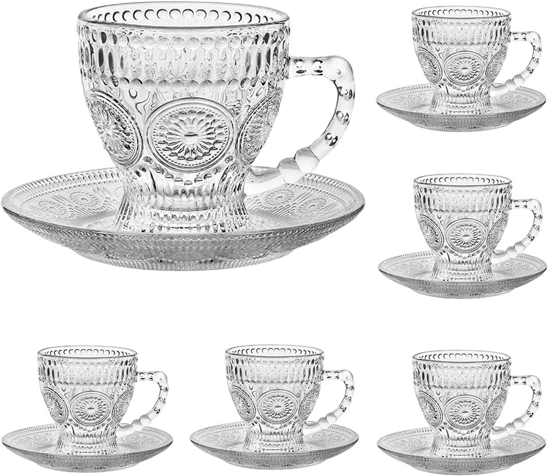 Vintage Glass Tea Cups with Saucers, Glass Mugs 7 Oz Set of 6 Espresso Coffee Embossed Glassware with Handle, for Cappuccino, Latte, Cereal, Yogurt, Beverage Hot/Cold, Milk
