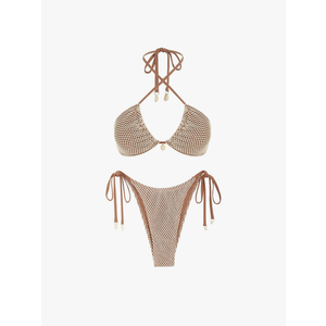 ZAFUL Women's Bikini Set Fishnet Triangle Tie Convertible Collar Halter Bandeau Shell Two Piece Bathing Suit L