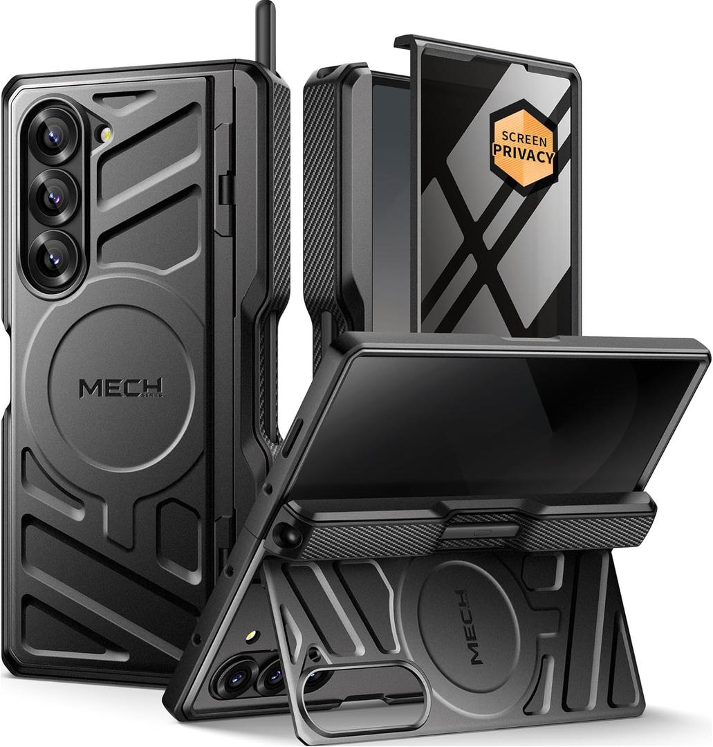 TONGATE for Galaxy Z Fold 6 Case with Privacy Screen Protector, [Compatible with MagSafe][Anti Spy] Shockproof Phone Case, Built-in Stand & Belt Clip & Hinge Cover for Samsung Z Fold 6 2025, Black