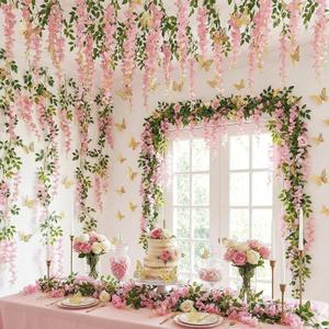Canlierr 52 Pcs Fairy Birthday Party Decorations Set 4pcs Total 23.6ft Wisteria Artificial Flowers Garland Banner 48pcs 3D Butterfly Hanging Decor for Garland Wedding Home Tea Girl Party(Pink)
