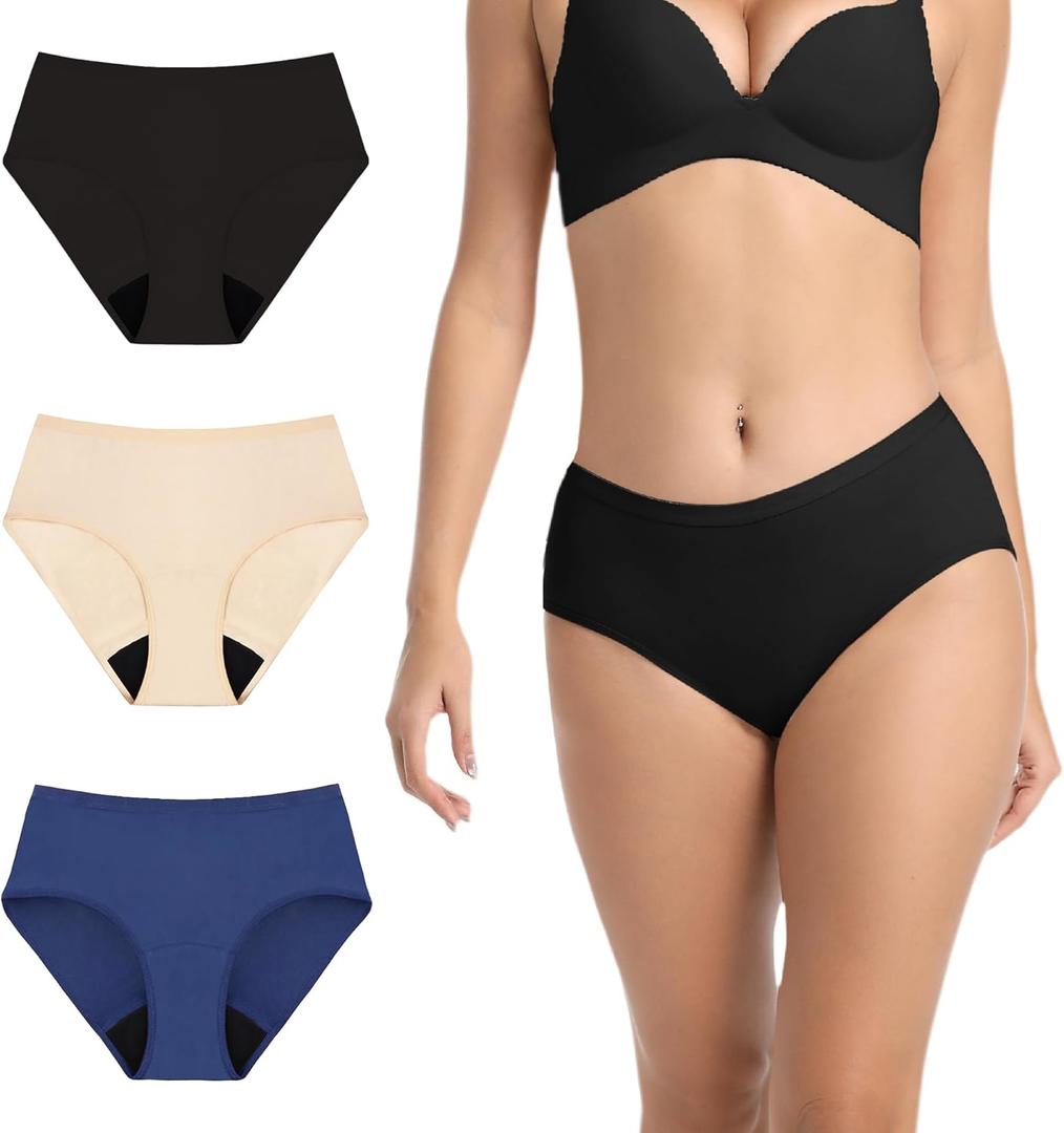Washable Incontinence Underwear for Women Leak Proof Panties Adult Absorbent Protective Briefs Postpartum 3Pack(Black, Beige, Blue, M)