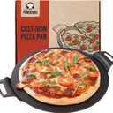Chef Pomodoro Cast Iron Pizza Pan, Pre-Seasoned Dosa Pan with Handles, Flat Pan for Oven, Round Griddle for Dosa Tawa Roti, Comal for Tortillas, Baking Stove, Oven, Grill BBQ and Campfire (15-inch)
