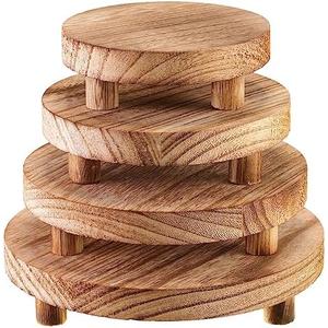 Geetery 4 Pcs Wooden Risers for Display Wood Pedestal Stand Mini Tray Stand Round Wooden Pedestal Holder Rustic Riser for Decor Tiered Tray Decor Home Kitchen, 4 Size(Light Brown)