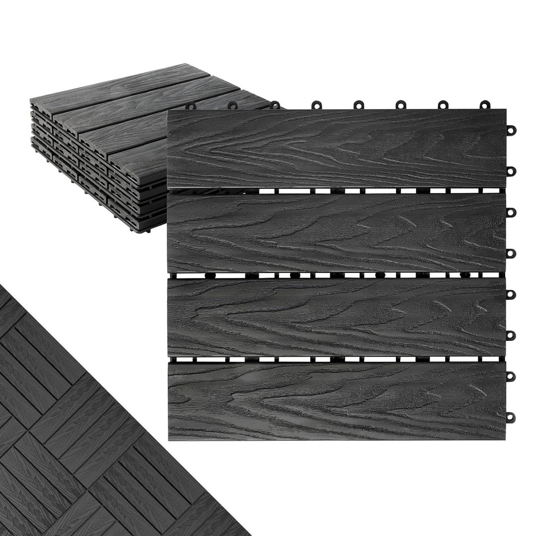Polymer Composite Interlocking Deck Tiles Outdoor,12x12 Thick Composite Patio Floor Tiles Decking Boards for All Weather Use,Waterproof, Poolside,Balcony,Patio(4Pcs,Black,4 sqft)