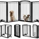 Full Metal Freestanding Dog Gate with Cat Door for Indoor & Outdoor,32" Tall Foldable Dog Fence,80" Extra Wide Freestanding Pet Gate for Large Openings,Stairs,Deck,Yard,Doorways(4 Panels,Black)