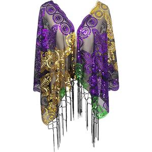 Mardi Gras Shawl Scarf Cape Costume Party Favor Accessories Sequins Mardi Gras Poncho For Women (Green Gold Purple-1pcs), One Size