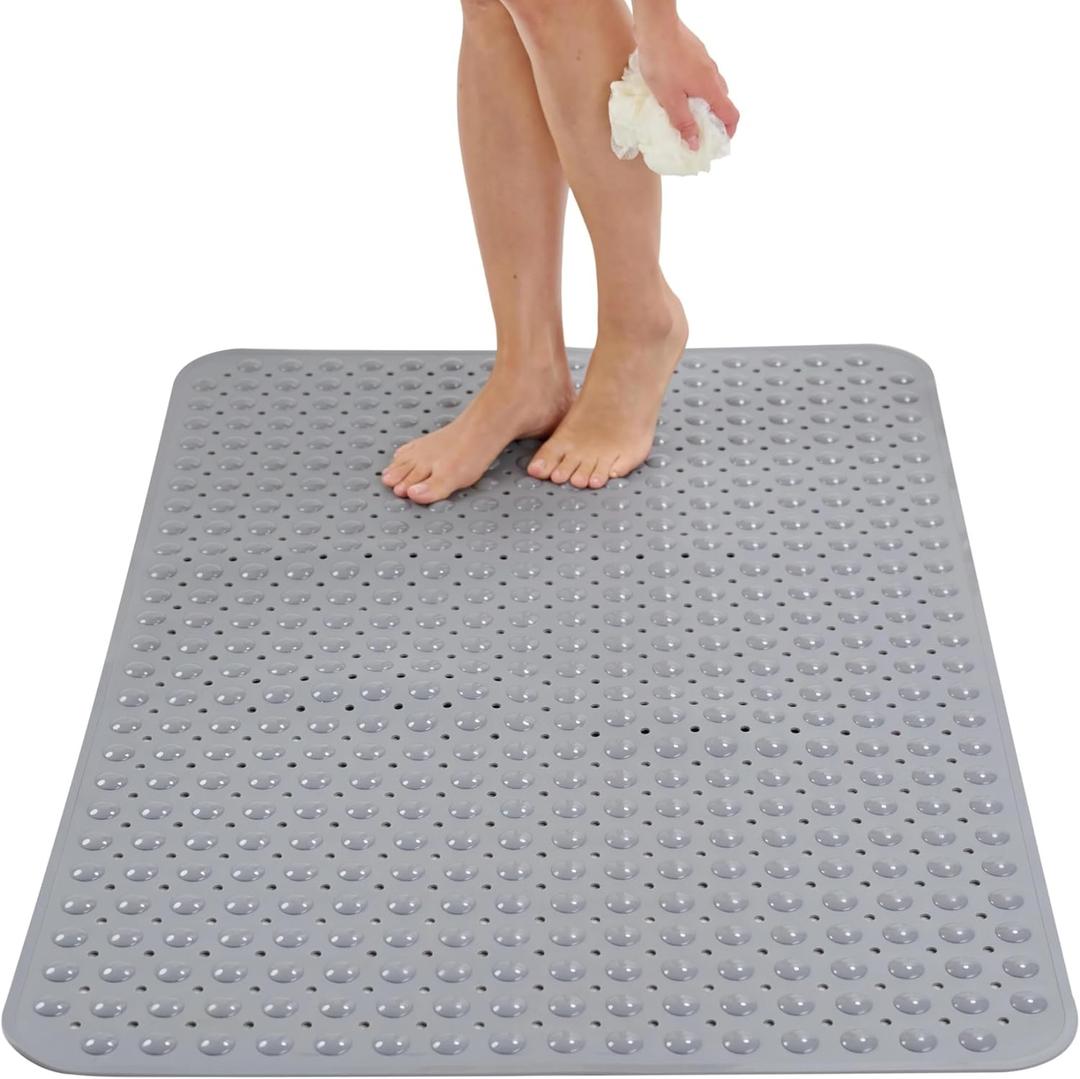 Extra Large Shower Mat Non Slip - 47 x 32 inch - XL Bathroom Shower Mat - Large Shower Matts for Shower Stall Floors - Secure Suction Cups and Drain Holes (47x32 Grey)