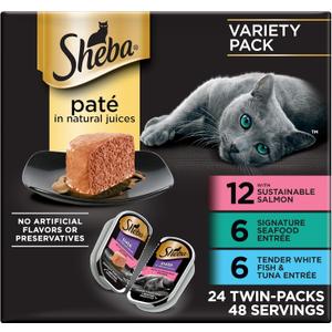 Sheba Perfect Portions Wet Cat Food Pate with Sustainable Salmon, Signature Seafood Entree, and Tender White Fish and Tuna Entree Variety Pack, 2.6 oz. Twin Pack Trays (24 Count, 48 Servings) BBD: 

04/13/2027