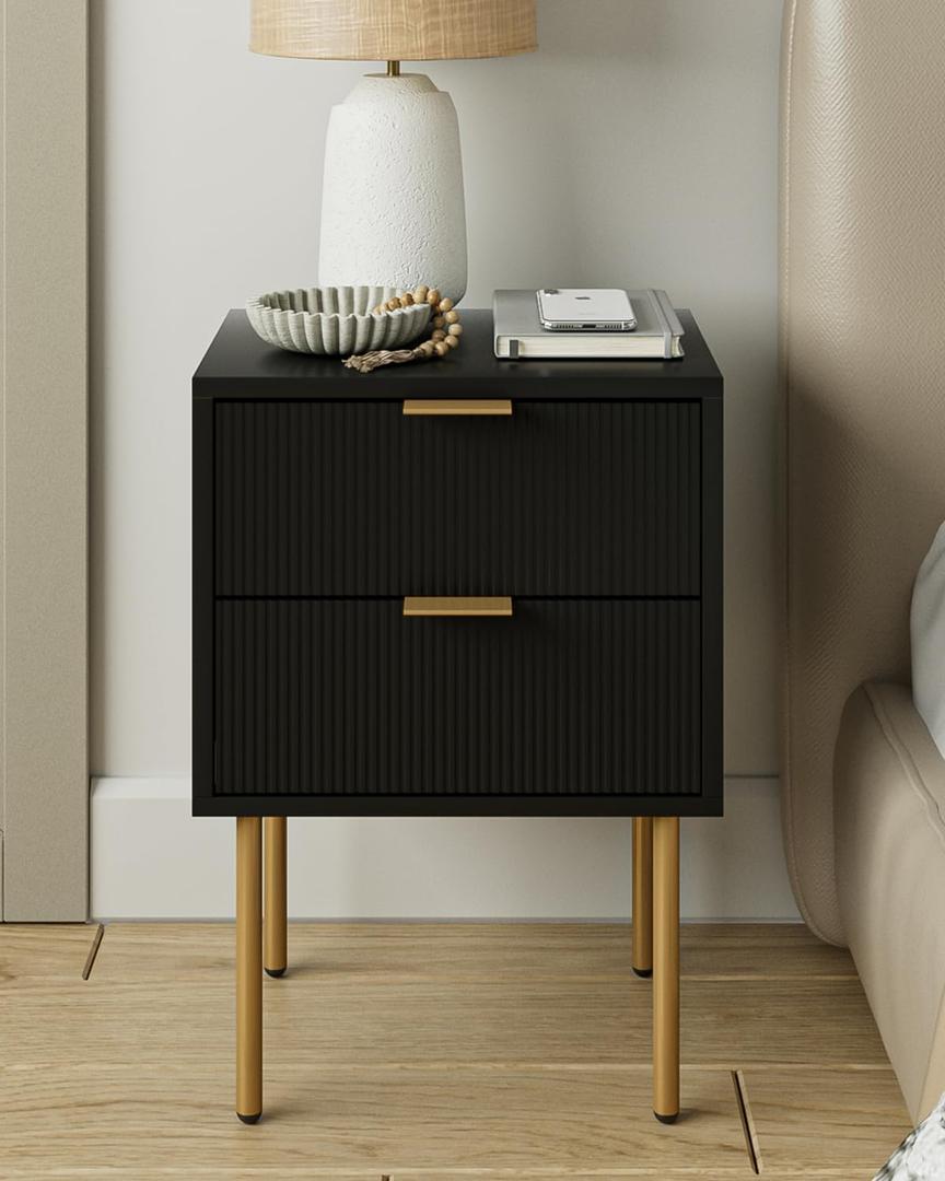 Nightstand,Morden Bedside Table with Gold Frame,Small White Night Stand,End Table,Bedside Furniture,Side Table with Drawer and Shelf for Bedroom,Living Room (2Drawers, Black)