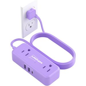 Purple Small Power Strip, 4 AC Outlets 3 USB Ports (17W Fast Charge), 5 Ft Flat Extension Cord, Travel Cute Kawaii Purple Desk Accessories