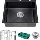 Black Kitchen Sink, Stainless Steel Topmount 25x22x9 Inch Single Bowl Drop In Kitchen Sink Combo- Stainless Grid,Soap Dispenser,Faucet Mat,Drain Strainer Set for Modern Style Kitchen&Bar, 23"W x 18"L x 9"D