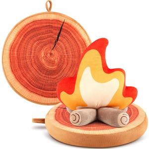 3 Pcs Pretend Campfire Set Includes 1 Fake Campfire Plush Toys and 2 Wood Pillow Pretend Camping Set for Kids Home, Couch, Sofa, Bedroom, Living Room Decor, Camping Themed Decor Toys