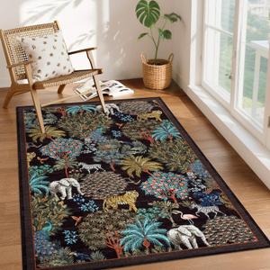 GarveeHome Jungle Animal Print Rug 3x5 Washable Area Rugs for Living Room, Forest Rug Non Slip Soft Low Pile Stain Resistance Throw Carpet for Bedroom Kids Playroom Nursery Black
