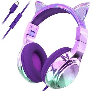 QearFun Kids Cat Ear Headphones with USB C for Girls with Microphone, 85/94dB Safe Volume Limiter, Tangle-Free Cord, Share Port, Foldable Sparkly Wired Headset for School, Travel, Tablet, iPad