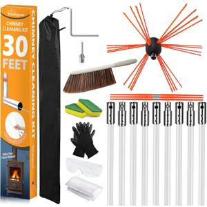 Sealegend 30 Feet Chimney Sweep Kit Chimney Brush, Chimney Cleaning Kit and Rotary Chimney Cleaning System, Fireplace Brush Tool with 9 Nylon Flexible Rods