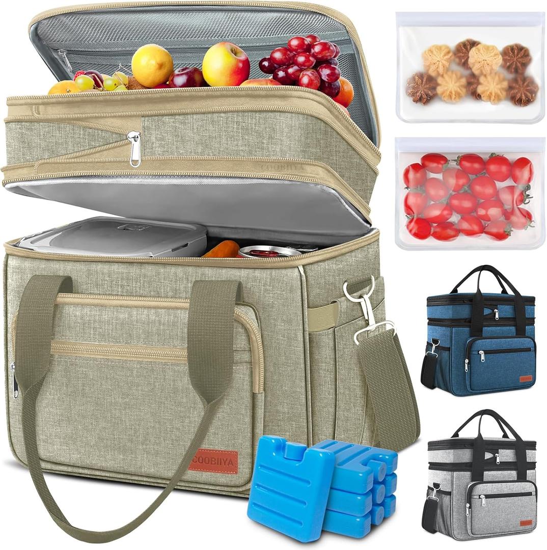 Coobiiya 23L Large Expandable Insulated Lunch Bag Cooler BagLunch Box for Men Double Deck LeakproofHeavy Duty LunchBag with 4 Ice Packs&10 Snack Cooler Bags for Camping, Travel, Kayaking & Beach (Khaki)
