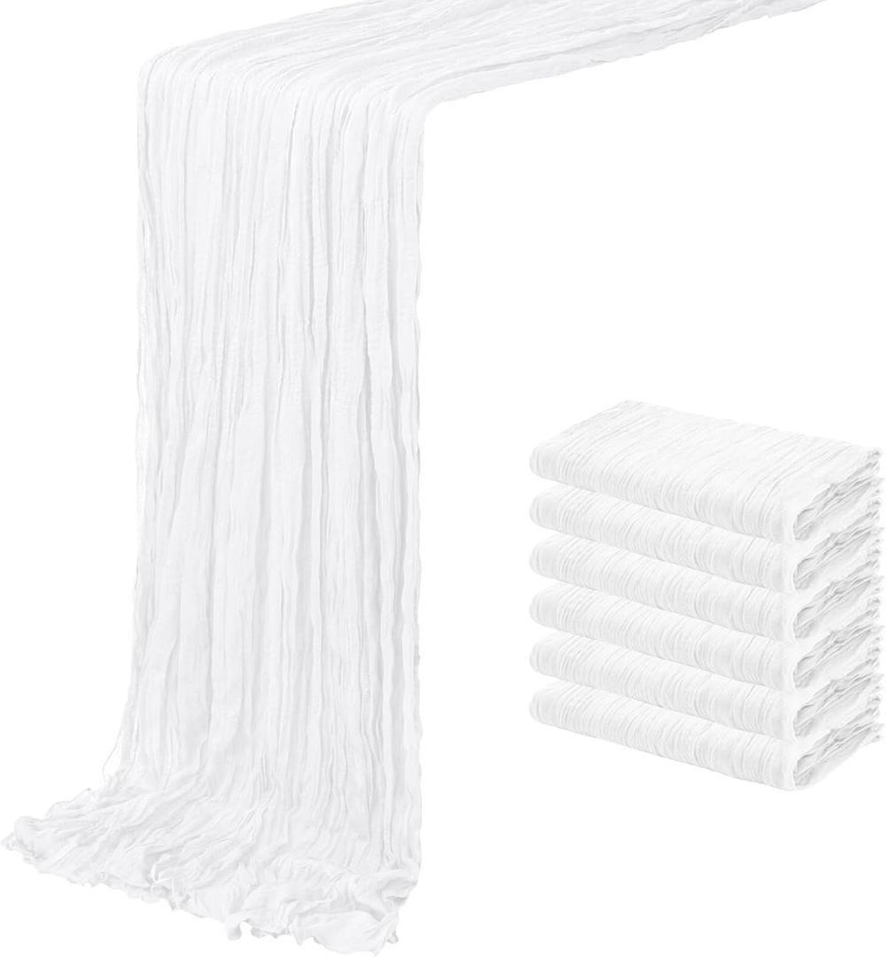6 Pack White Cheesecloth Table Runner 20 x 120 inch Gauze Table Runners 10 FT Long,Semi Sheer Boho Cheese Cloth Fabric Table Runner Bulk for Wedding,Party,Baby Shower,Bridal Shower Decoration