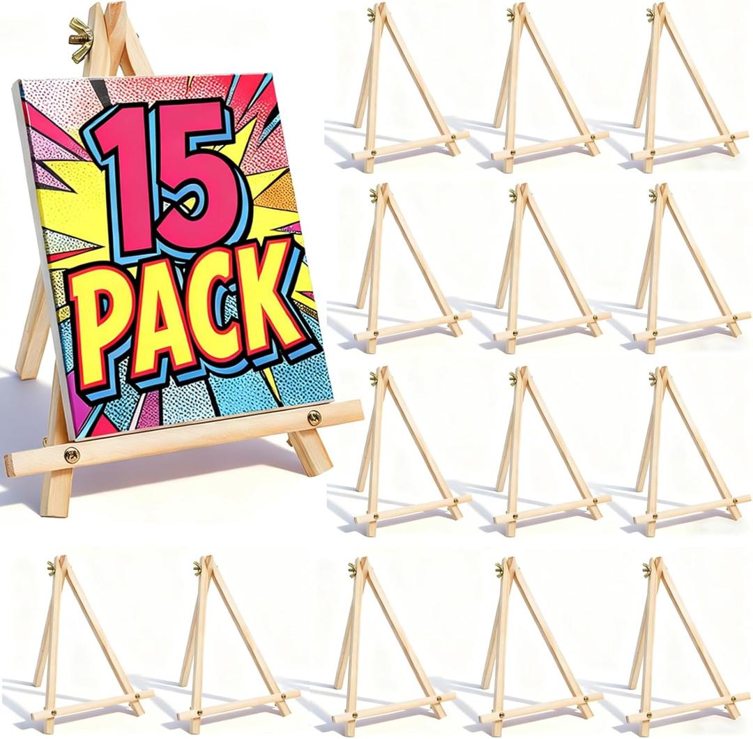 15 Pack 9 Inch Wood Easels, Tabletop Painting Easel Stand for Canvas, Photo & Sign Display - Portable Tripod Art & Craft Easels for Kids and Adults